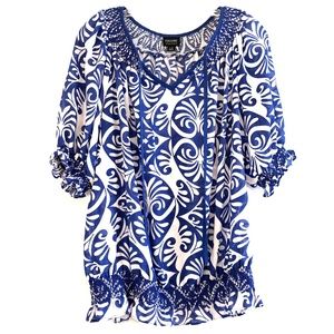NICOLE BY NICOLE MILLER Blue & White Print Top, L